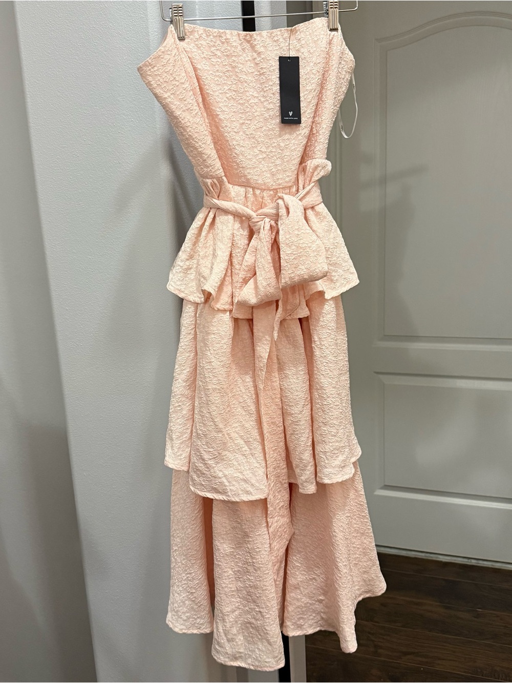 Lulus Truly Marvelous Blush Pink Jacquard Strapless Tiered Midi Dress Size XL - Picture 2 of 7
